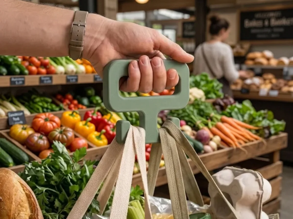Рука несе кілька торбин із продуктами на зеленій ручці-тримачі в магазині