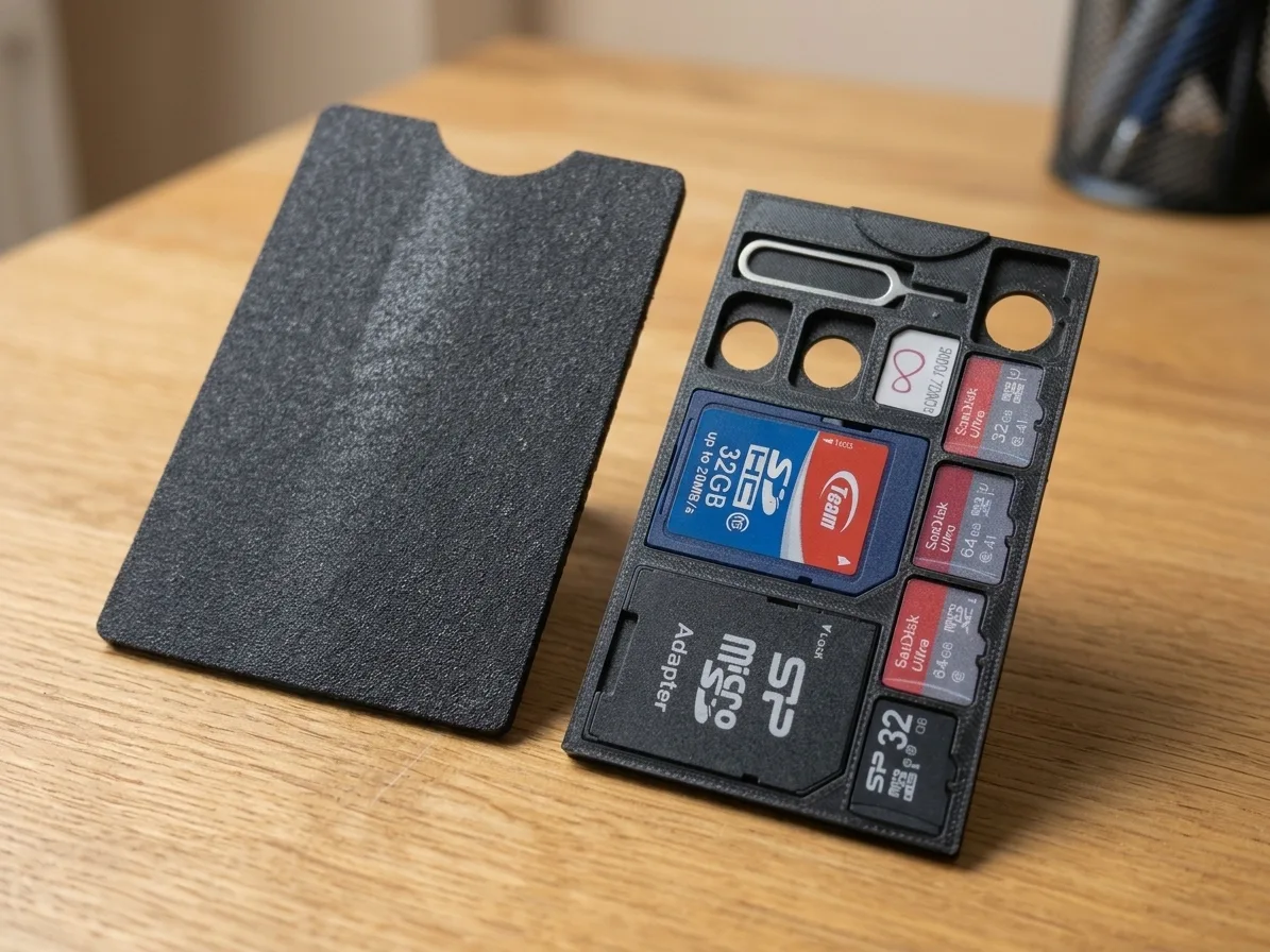 Чорний органайзер з картами SD, MicroSD, адаптером і скріпкою поруч зі знятим чохлом