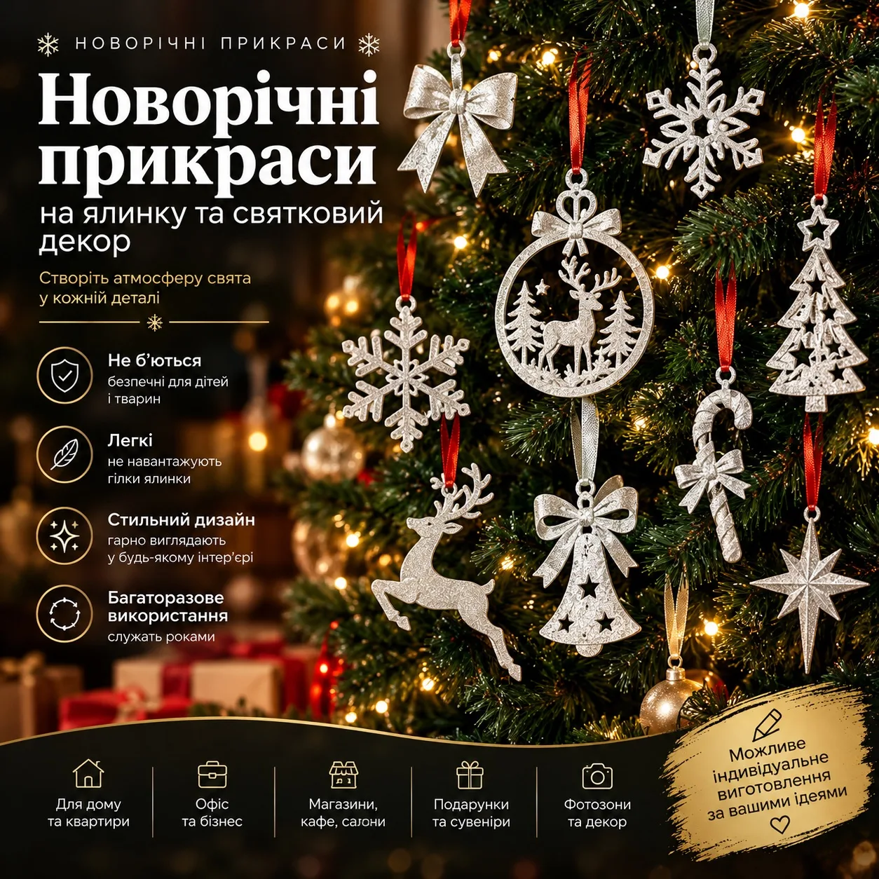 Срібні 3D-друковані підвіски на ялинці: сніжинки, олені, дзвіночок, зірка, ялинка, бантик на червоних стрічках